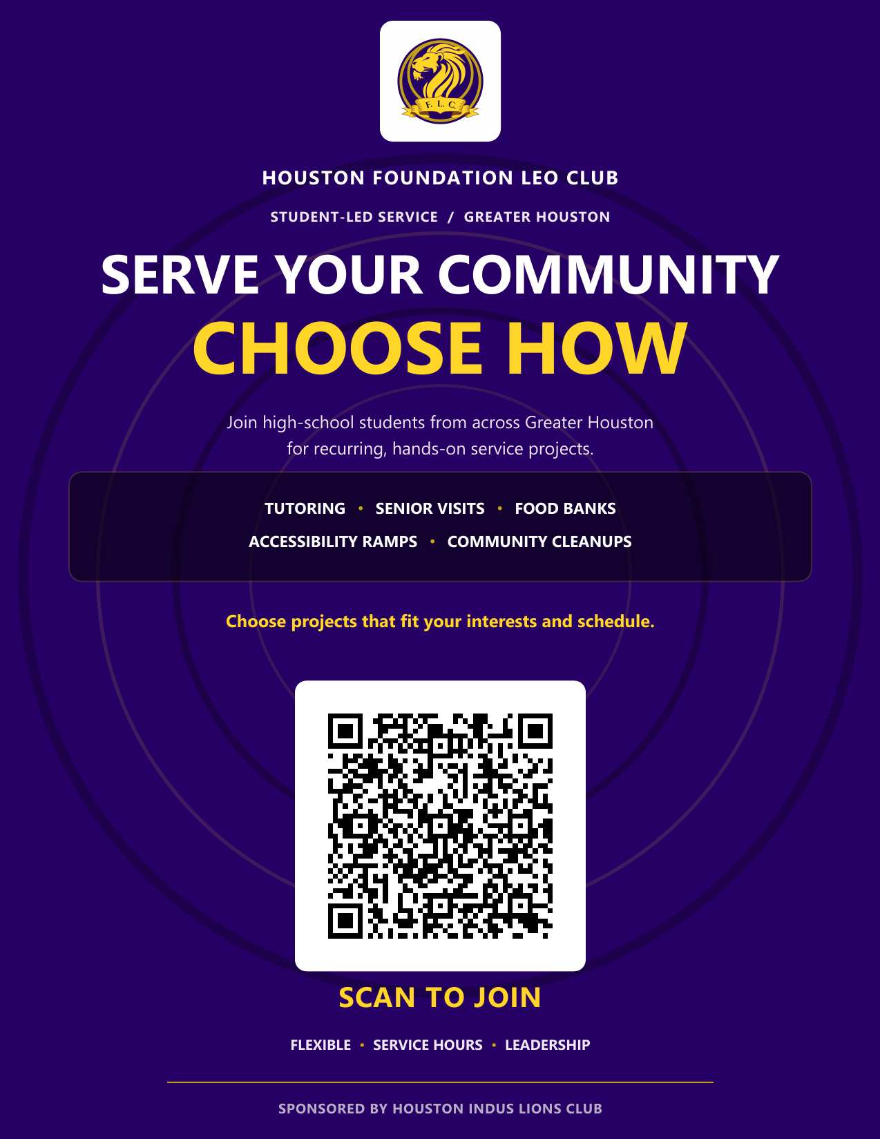 Houston Foundation Leo Club membership recruitment poster with a QR code linking to the club signup form.